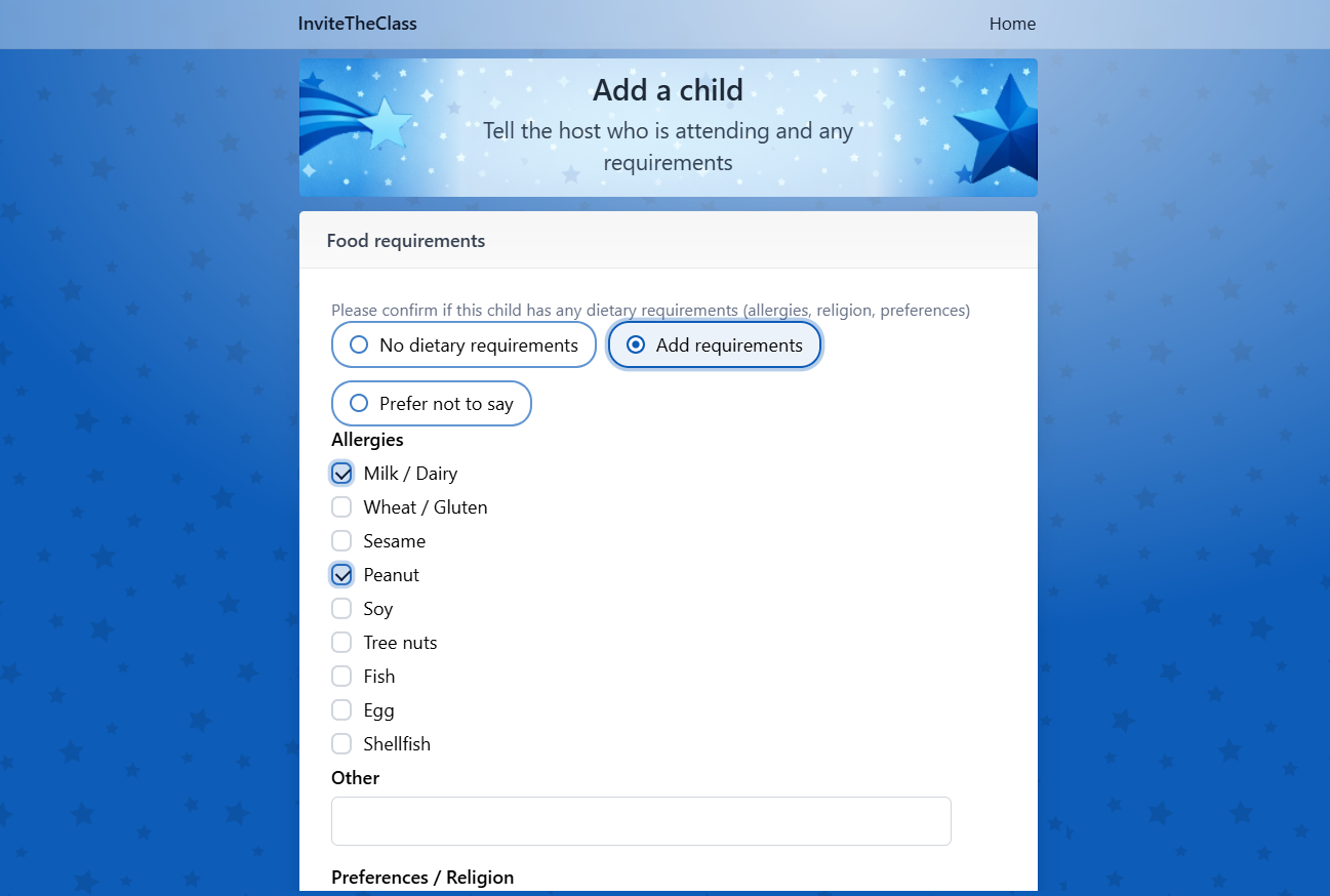 An RSVP form allowing allergy information to be stored